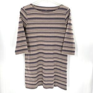 Garnet Hill Womens Striped Organic Cotton Shift Dress Sz 12 Brown Blue Boat Neck